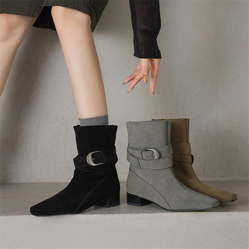 Fashion New Autumn/winter Cow Suede Women Boot Square Toe Shoes for Women Fashion Boots Low Heels Buckle Work Boots Western Boots