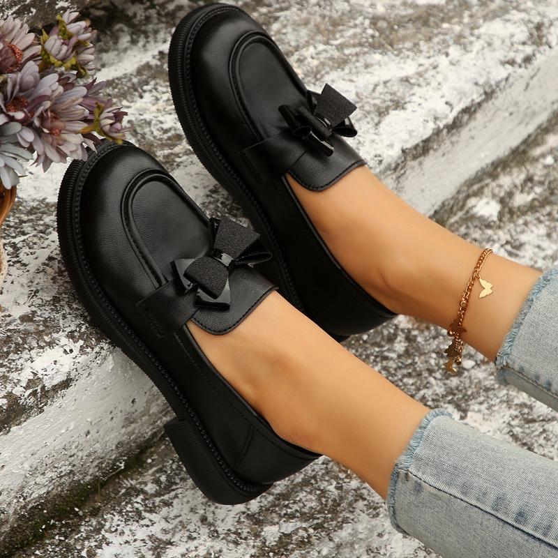 New spring and autumn soft-soled single shoes women's bow retro thick-soled small leather shoes women's thick heel