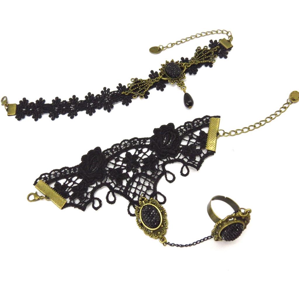 Les Trésors De Lily [K6580] - Designersett 'Courtisaner' svart (blonder) (armbånd ring + ankelkjede)