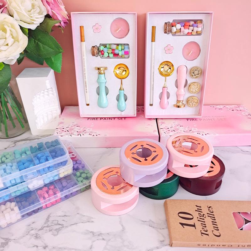 Cherry Blossom Wax Seal Stamp Gift Set: Copper Head, Mixed Color Wax, Spoon & 6-Piece Kit