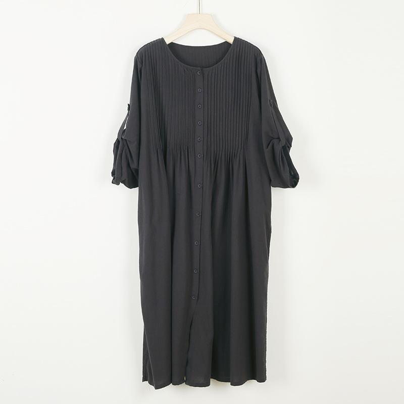 Johnature Women Spring O-Neck Long Sleeve Solid Color Vintage Single Breasted A-Line Dress