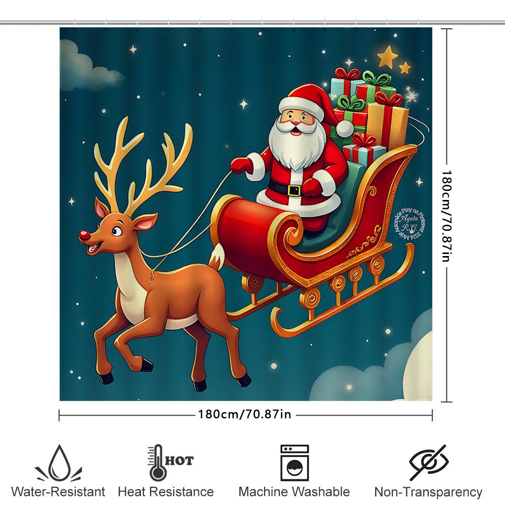 

Christmas Santa Claus Reindeer Sleigh Pattern Waterproof Mildew Resistant Shower Curtain Suitable For Wet And Dry Separation W60H190(CM)-1 Pcs