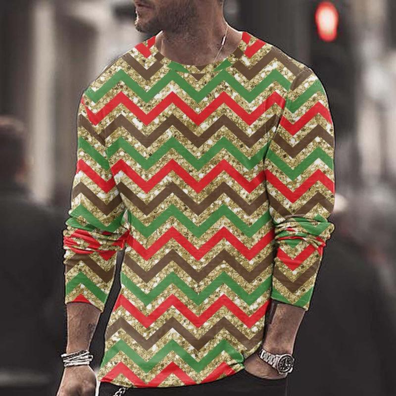 Summer Round Neck Christmas 3D Print Top Fashionable Casual Long Sleeved Men's T-shirts