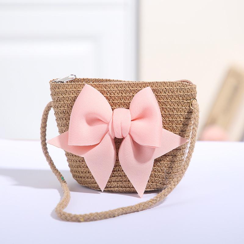 Cute Bow Decor Baby Girls Straw Shoulder Bag Eco-friendly Handmade Woven Crossbody Bag for Kids Party School Trip