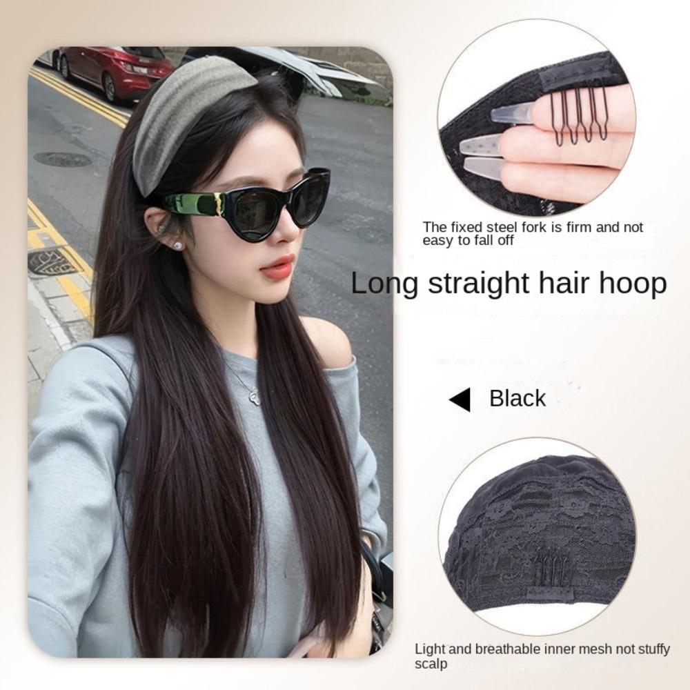 Hair Hoop Half Headband Wig Korean Style Long Straight Hair Gray Wide Knit Headband Wig Daily Wear