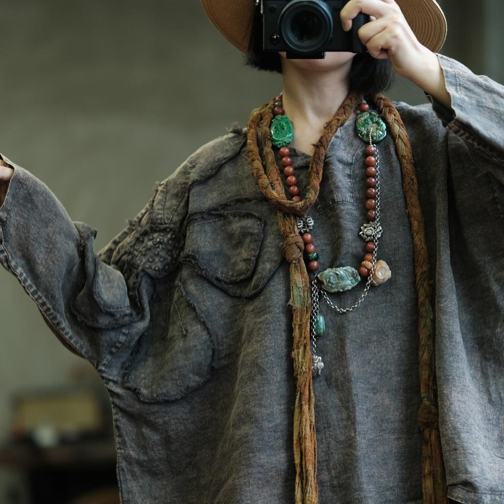 Johnature Damen Vintage T-Shirts Locker Herbst Patchwork Floral Unifarben Langarm Chinesischer Stil T-Shirt