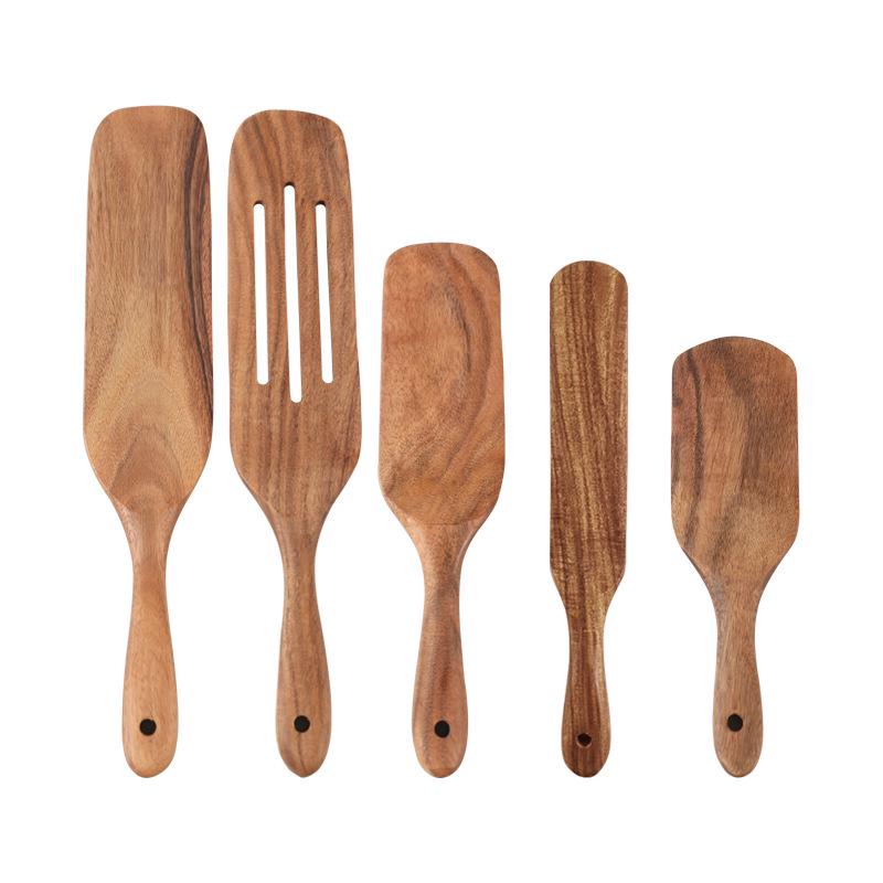 Teak Wood Pizza Shovel & Non-stick Spatula Set - Includes Frying, Salad, and Butter Scraper Spoons