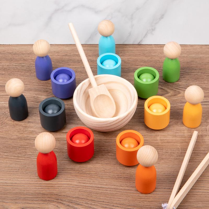 Montessori Color Sorting Cups & People Game: 7 Colors, Beads & Clips for Ages 1-4 Early Education
