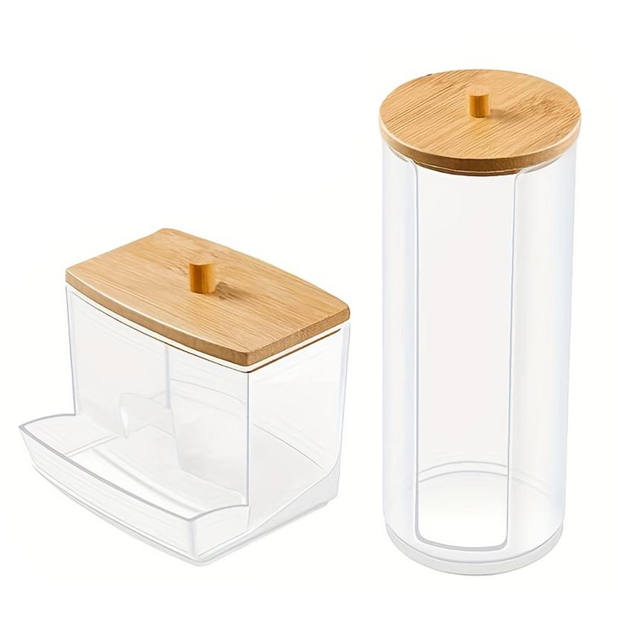 

2pcs Acrylic Swab Dispenser with Lids Clear Round Makeup Organizer for Bathroom Storage Box for Home Organization