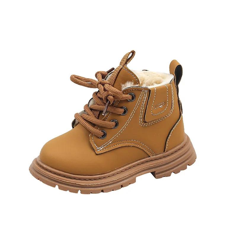Children's Boots Winter Thickened Boys Girls' Anti Slip Warm Leather Boots Side Zipper Solid Color Kids Casual Shoes