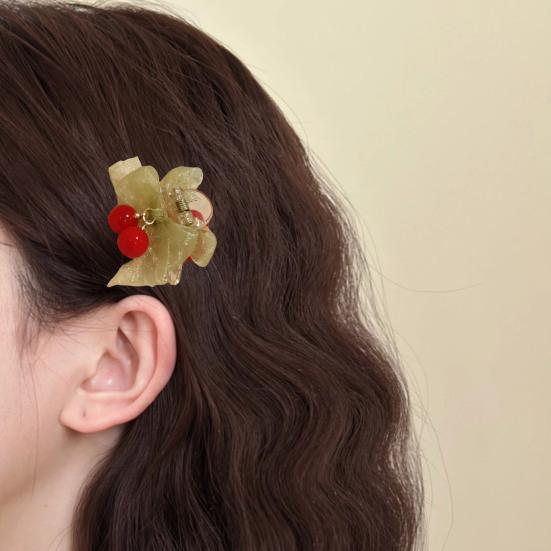 Hairpin Transparent Clip Gentle Non-Harmful Design Smooth Edges Hair Clip Green Gauze Bow Red Beaded Cherry Hair