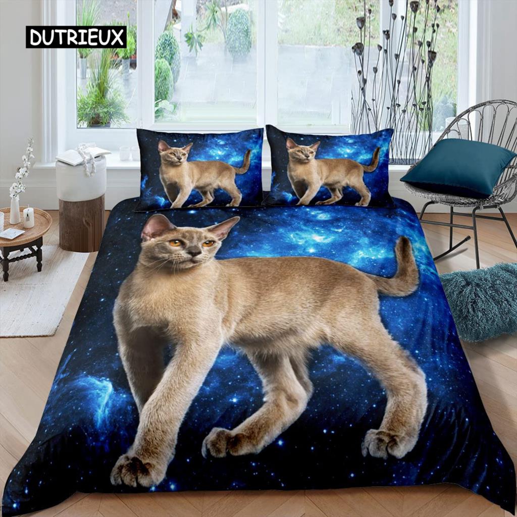 Galaxy Cat Duvet Cover Set Microfiber Universe Galaxy Bedding Set Cute Kitten Comforter Cover Outer Space Planets Quilt Cover
