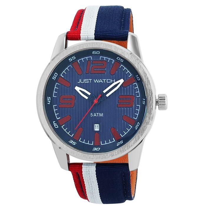 Montre homme - Joel - Cadran bicolore bleu/rouge - Bracelet nylon & cuir 22 mm - Étanchéité 5 ATM