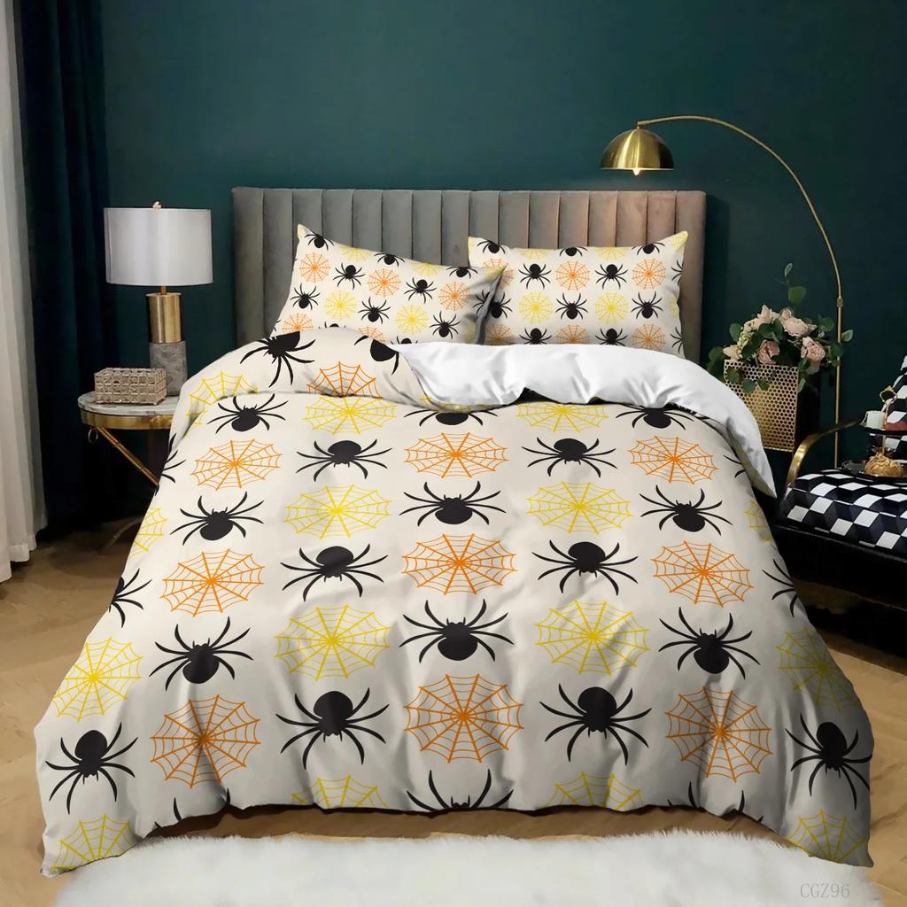 Halloween Bedding Set Gothic Spooky Duvet Cover Pumpkin Lantern Comforter Cover for Kids Boys Bat Spider Web Comforter Cover