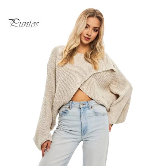 Женский свитер с круглым вырезом, летучая мышь, длинный рукав, однотонный, свободный крой, трикотажные топы, открытый пупок, нерегулярный перекрестный свитер хаки