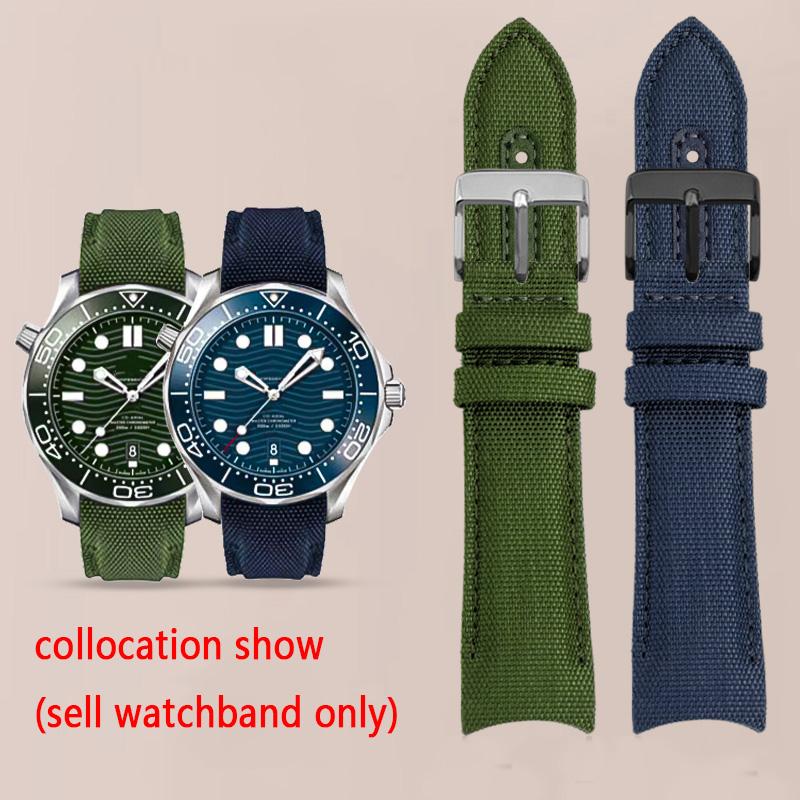 Curved End Watchband for Omega Seamaster 300 Watchband Nylon Canvas Wrist Bracelet for Seiko Rolex Water Ghost Straps 20mm 22mm