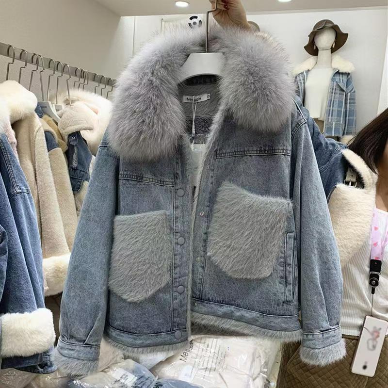 Korean-style Thickened Denim Cotton Jacket for Women - Plus Size, Loose Fit, With Velvet Lamb Wool Padding, Autumn/Winter Trendy Coat