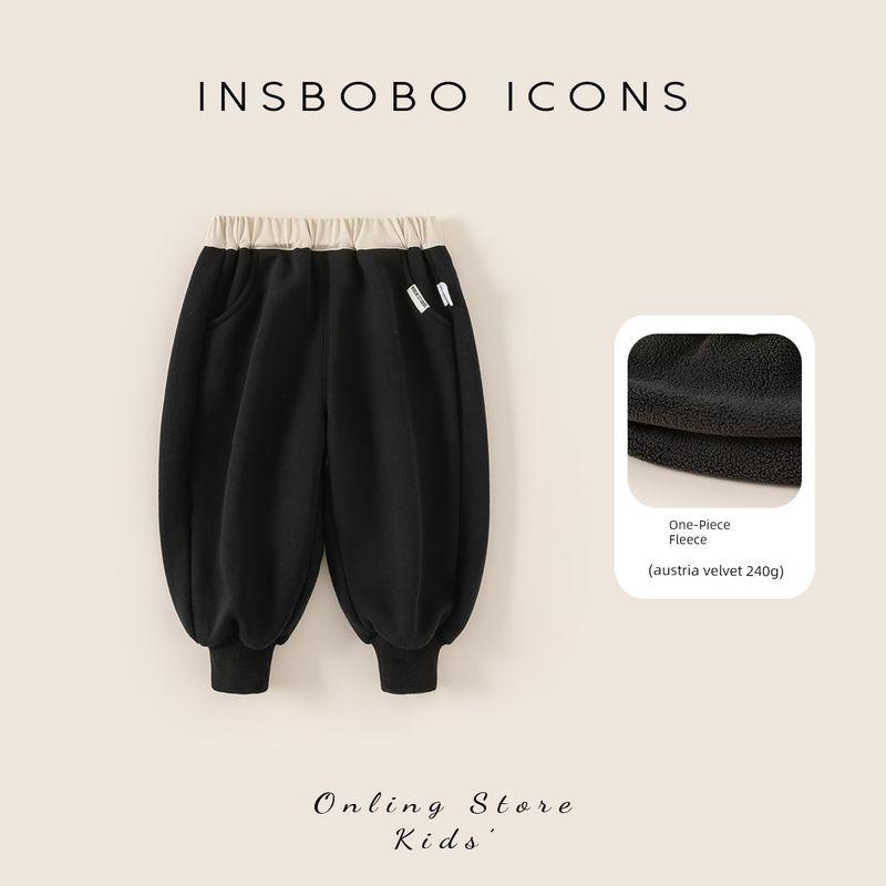 Insbobo Boys  Pants 2025 Winter New Style Girls  Sports Pants Baby Fleece-Lined Warm Jogger Pants Autumn and Winter Black 100