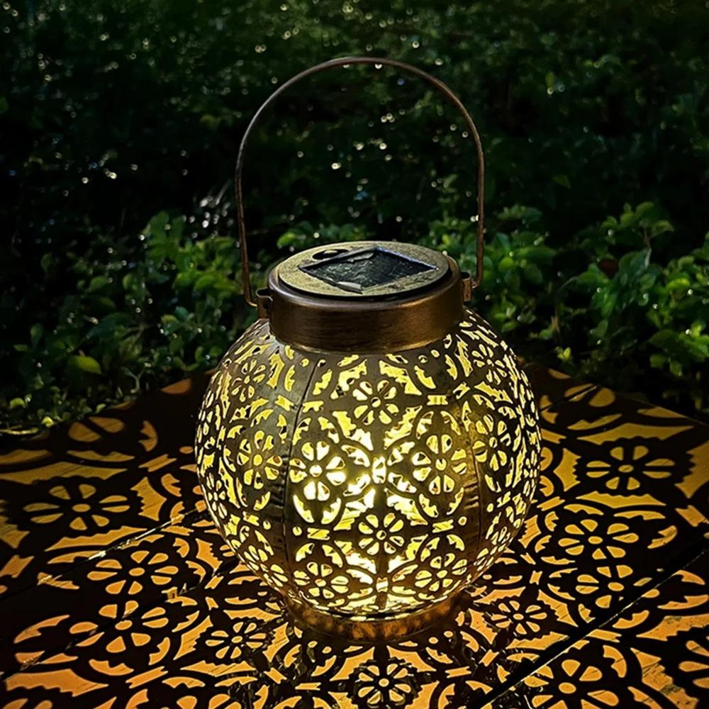 Solar Powered Iron Projection Light Outdoor Garden Hanging Lantern With Hollow Out Design For Patio Fence Decoration