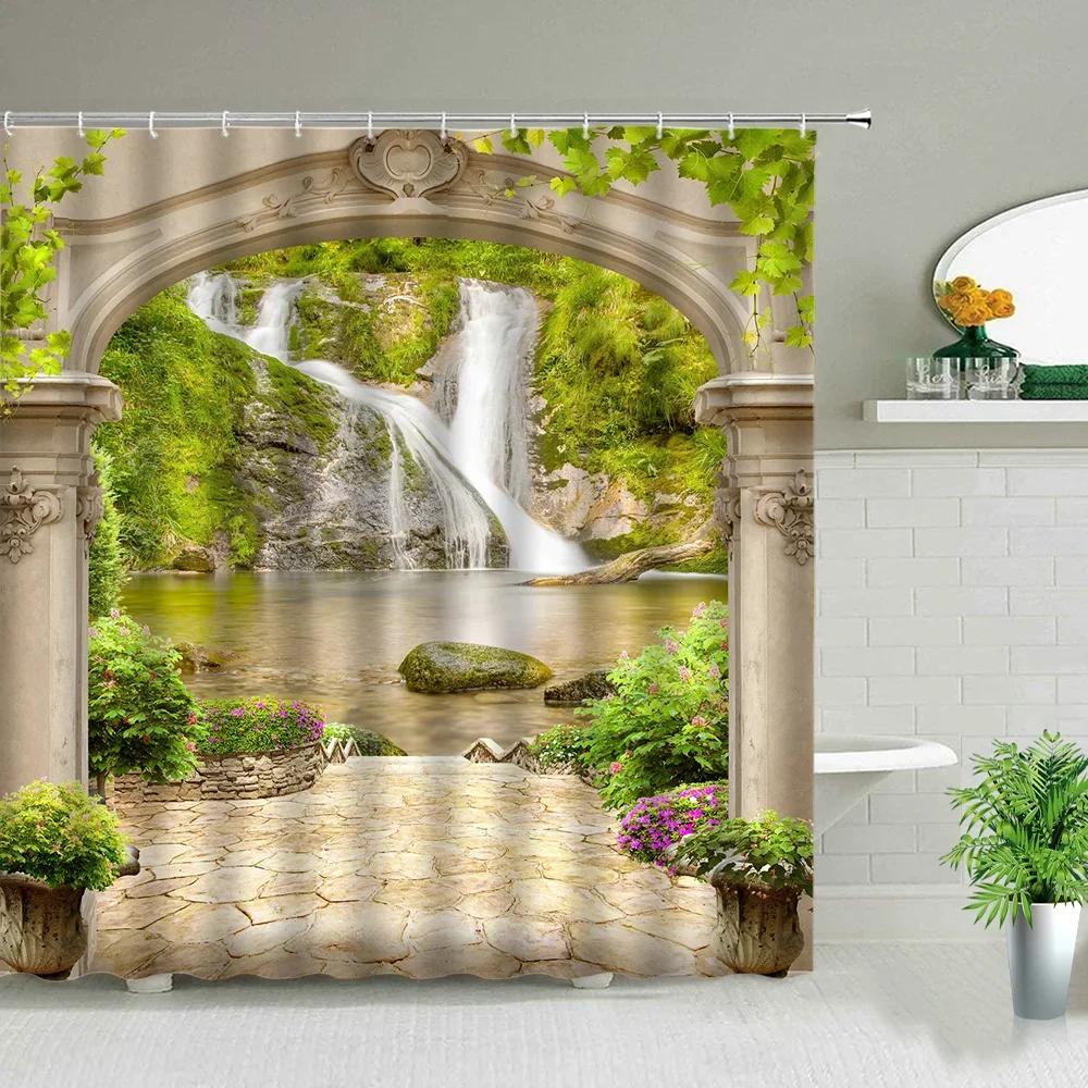 Window Outside Forest Bridge Spring Landscape Creativity Shower Curtain Zen Stone Tree Building Scenery Cloth Curtains With Ho