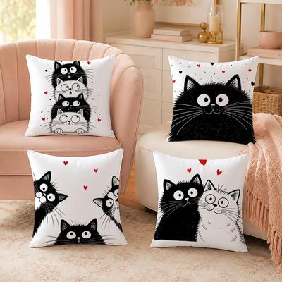 Black White Cute Cartoon Cat Pillow Case Organic Short Plush Cushion Covers Breathable Washable WrinkleResistant