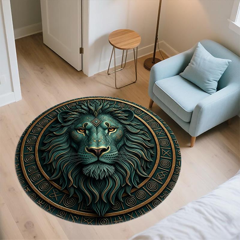 Relief Lion,Round Area Rug,Carpet Rug for Living Room Bedroom Sofa Playroom Decor,Non-slip Floor Mat