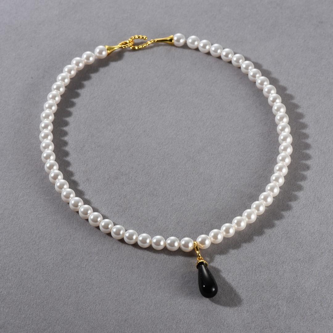 Летний Позолоченный 18K Настоящим Золотом Французский Круглый Жемчуг Черный Агат Кулон Цепочка на Ключицы Нишевый Ожерелье с Характером