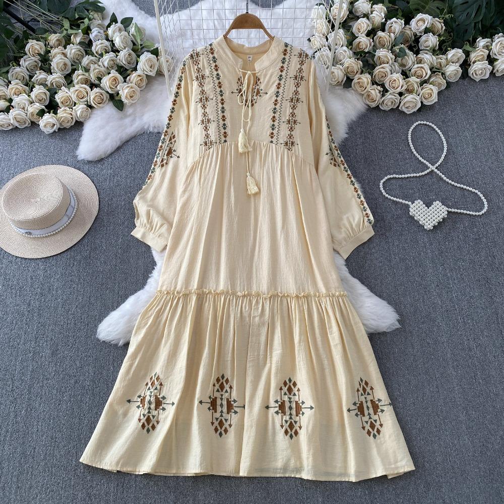 Women's Ethnic Style Embroidered Stand Collar Long Sleeve Maxi Dress for Summer