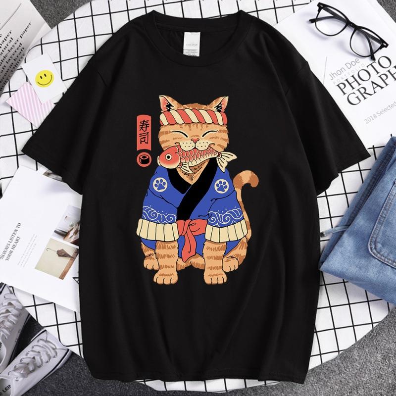 Summer Unisex 100 Cotton Shortsleeved Breathable Samurai Cat Personalized Print Tshirt For Casual And Loose Fit Hiphop Style