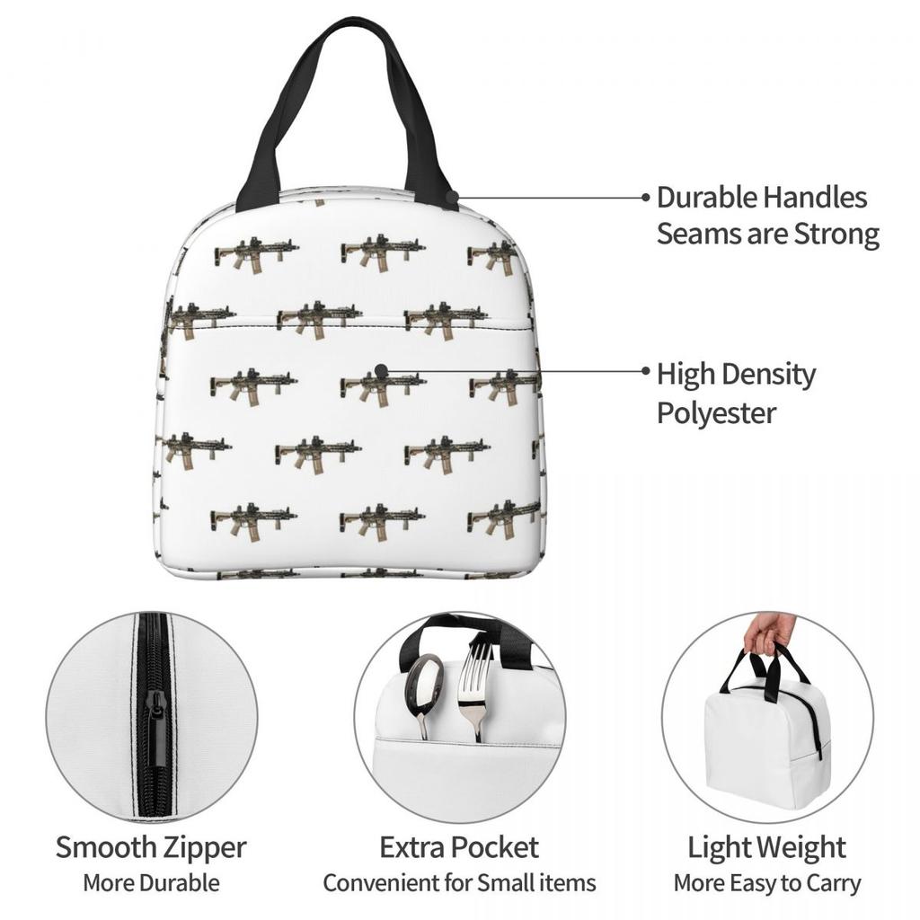 AR-15 Tan Camo Gun - White Insulated Lunch Bag for Women Children Leakproof Food Boxes Thermal Lunch Box Tote