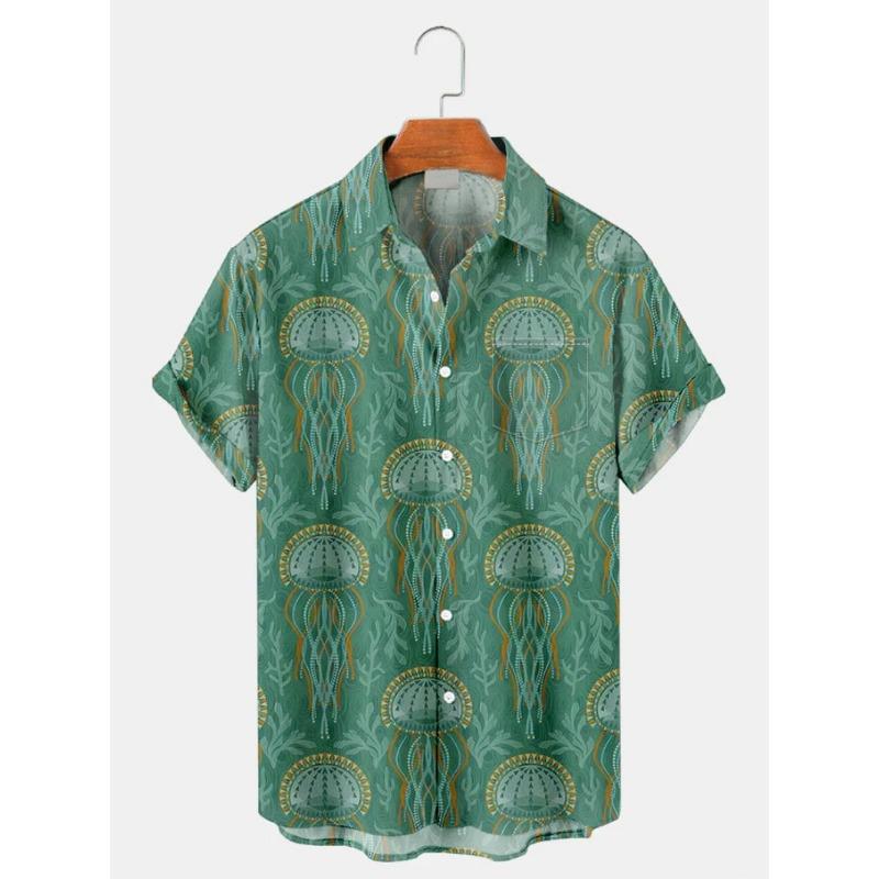 Fashion Men's Casual Sea Life Graphics Short Sleeve Shirt Button Down Lapel Shirts Oversized Tops Casual Hawaiian Shirt for Man