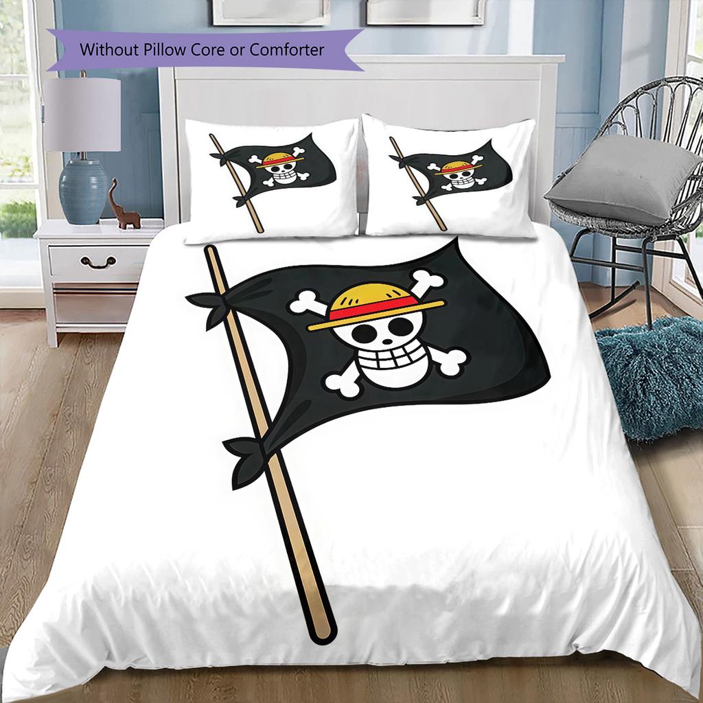 One Piece Straw Hat Pirates Pattern Bedding Quilt Set Quilt Cover Pillowcase Home Birthday Gift(1 * Duvet Cover + 2 * Pillowcase, Without Core)