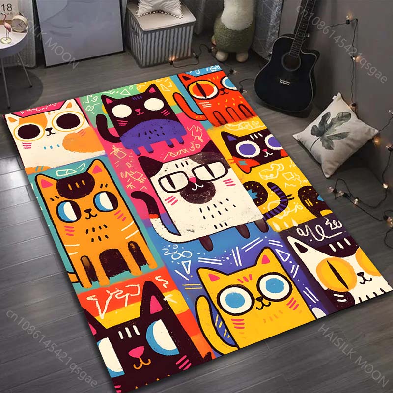 1PC Colorful Cartoon Cat Collage Art Carpet for Living Room Bedroom Sofa Home Decor Non-slip Floor Mat Modern Carpet Large Size