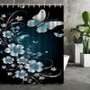 Luxury Butterfly Shower Curtain Blue Floral Design Black Background Waterproof Bath Decor Stylish Home Bathroom Accessories