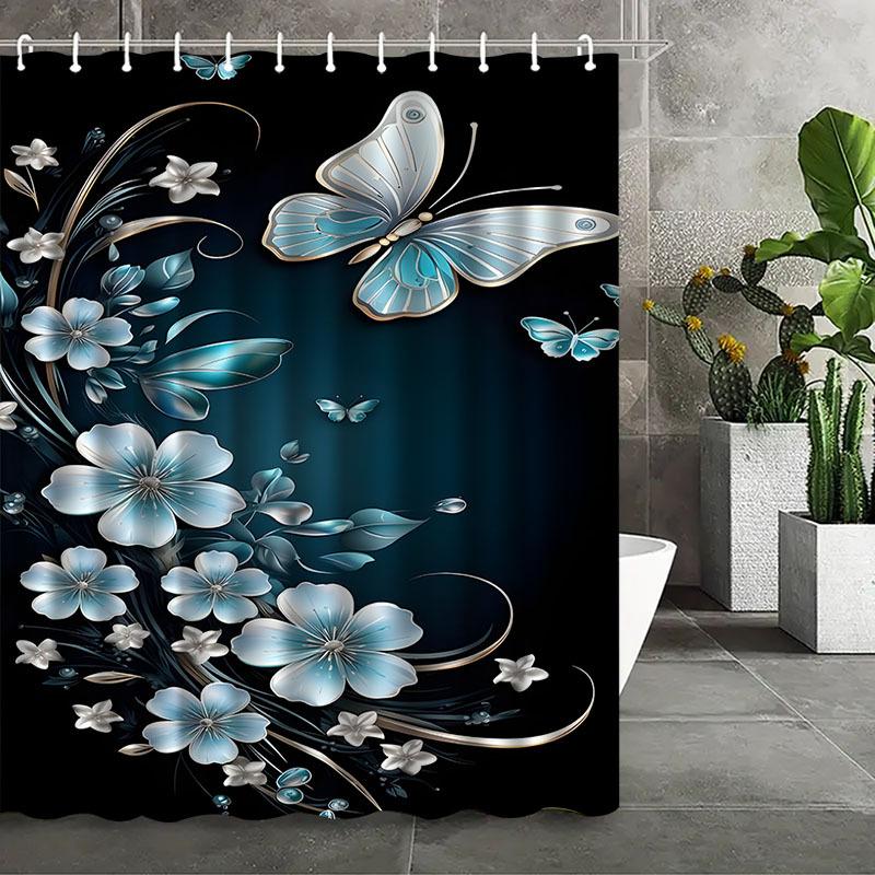 Luxury Butterfly Shower Curtain Blue Floral Design Black Background Waterproof Bath Decor Stylish Home Bathroom Accessories