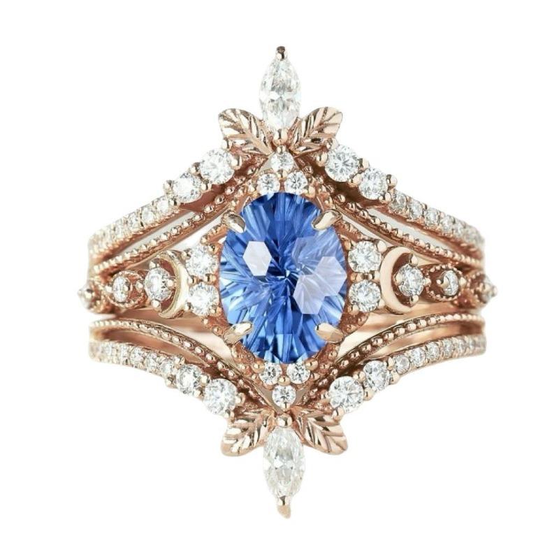 European and American Flower Pair Ring, Blue Zircon Crown Set Ring Shein Ring for Women