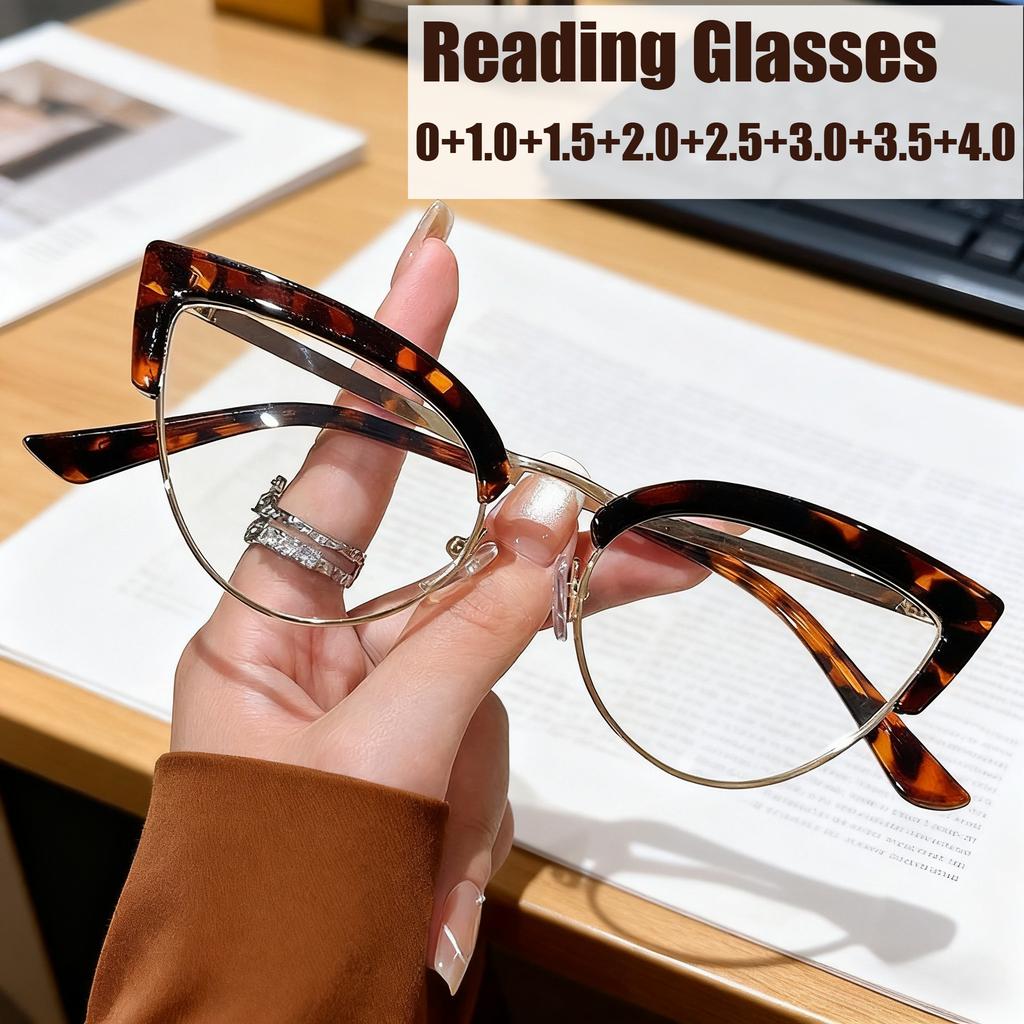 Retro Cat Eye Presbyopia Glasses Fashion Metal Half Frame Anti-blue Light HD Reading Glasses Women's Eyepieces Men's Goggles