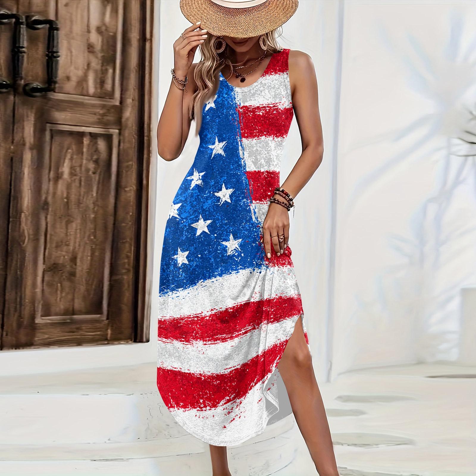 

Women Sleeveless Maxi Dress Loose Fit Casual Long Dress with Independence Day Print Side Slit Summer Beach Dress S Кіновар