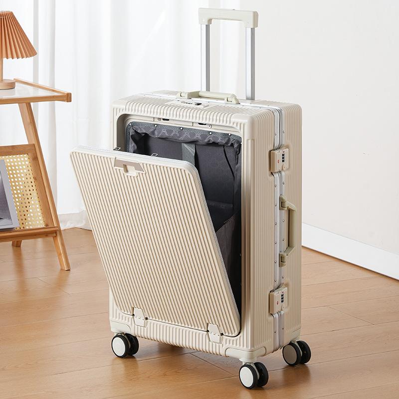 Front Opening Multifunctional Rolling Aluminum Frame Laptop Luggage with Spinner Wheels - Carry On Travel Suitcase with Combination Lock for Men Women