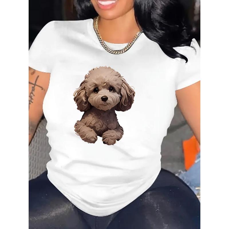 European Size Women's Casual Short Sleeve T-Shirt with Cute Dog Graphic Print - Soft Stretch Round Neck Tee, Machine Washable All-Season