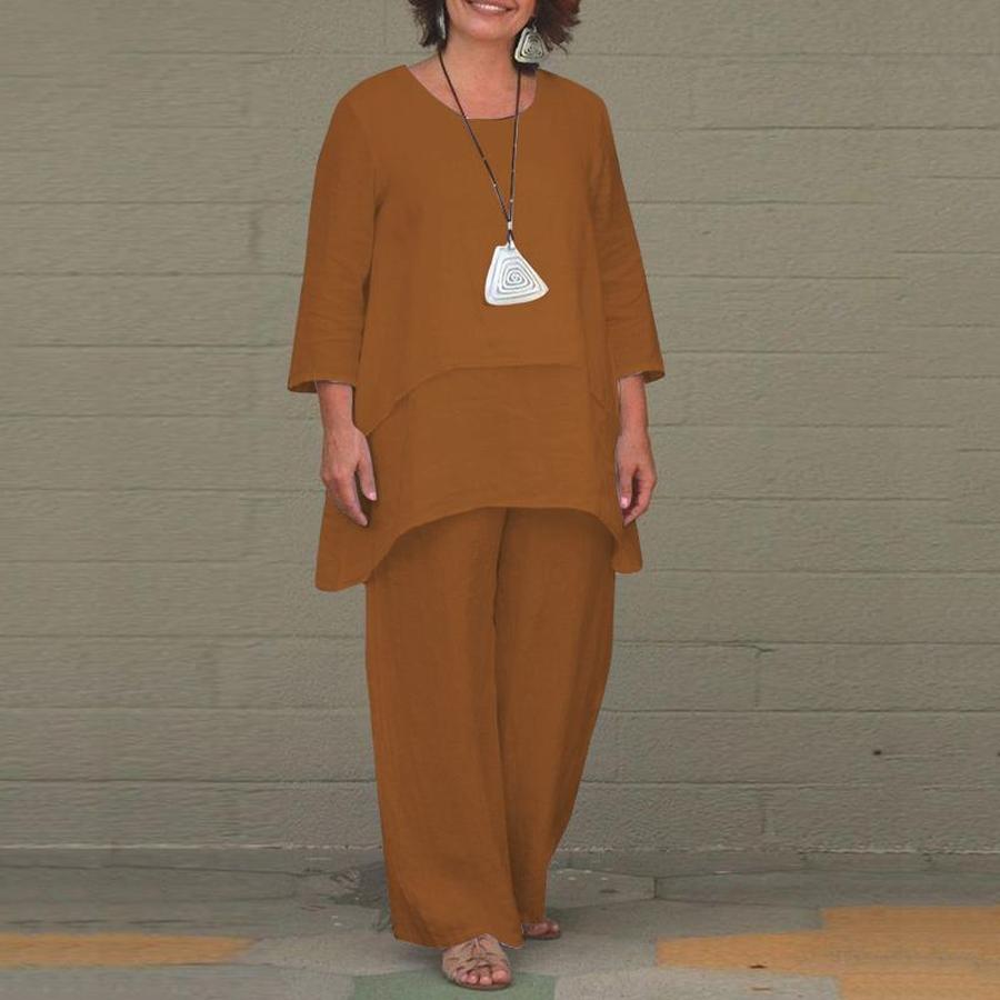 New Women's Linen-Blend Casual Loose Long Sleeve Set Wide Leg Pants Two Piece Outfit