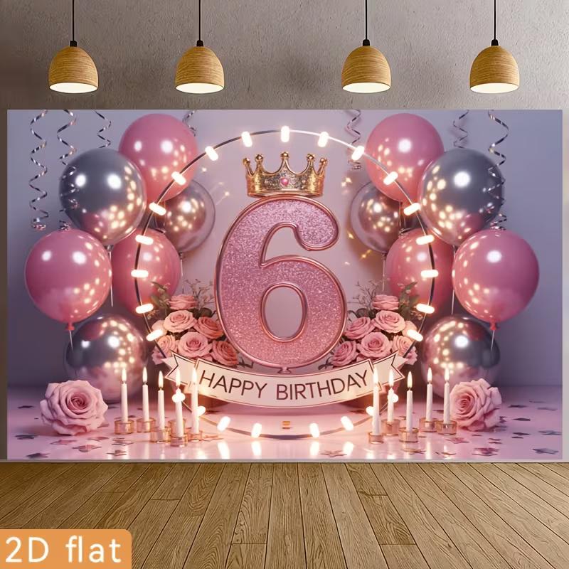 2D 6th Birthday Photography Backdrop, Pink and Silver Balloon with Light Ring Background