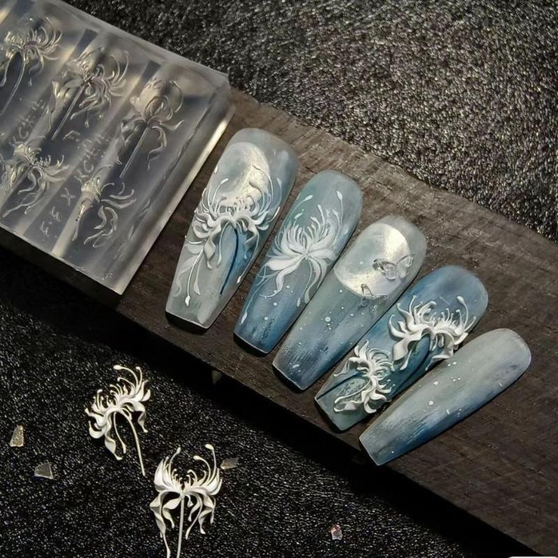 3D Lycoris Radiata Flower Silicone Nails Art Mold Transparent Manicure Carving Mold Diy Red Lily Floral Patterns Moulds