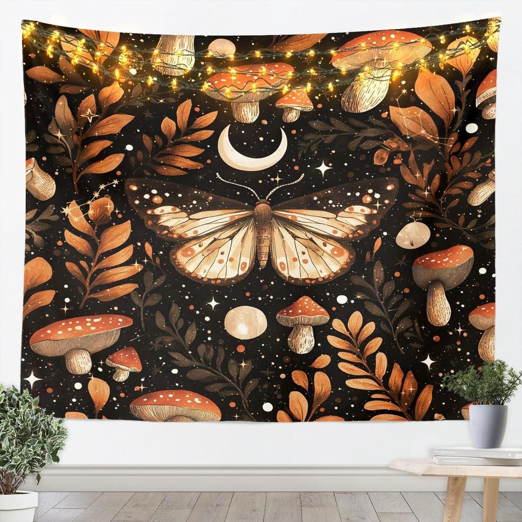 Halloween Boho Moth Tapestries Gothic Nature Wall Tapestry Boho Exotic Vintage Floral Black Wall Art For Kids Teens Youth Women