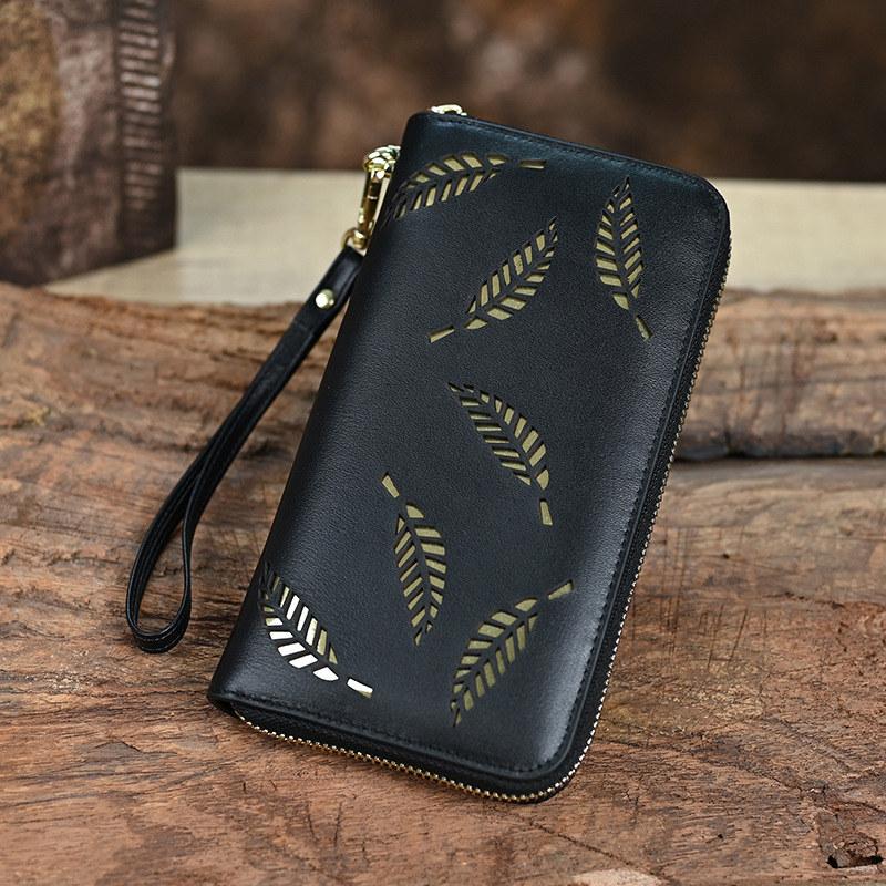 Feathers Genuine Leather Handbags for Women Ladies Zipper Phone Bags Fashion Coin Purse Card Holder Wallets GZW