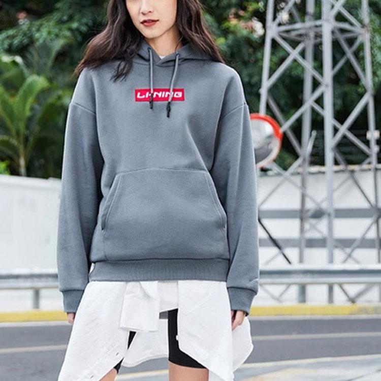 Li Ning Fleece Lined Loose Fit Hooded Pullover Sweatshirt Unisex sweatshirt Firestone-Blue AWDQD06-3