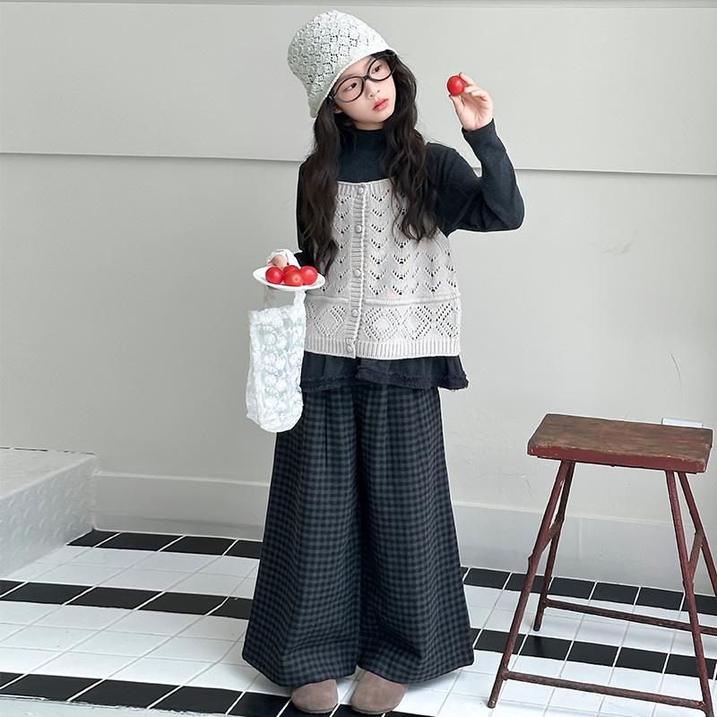 Girls' Plaid Wide-Leg Pants 3-Piece Set for Spring/Autumn 2025