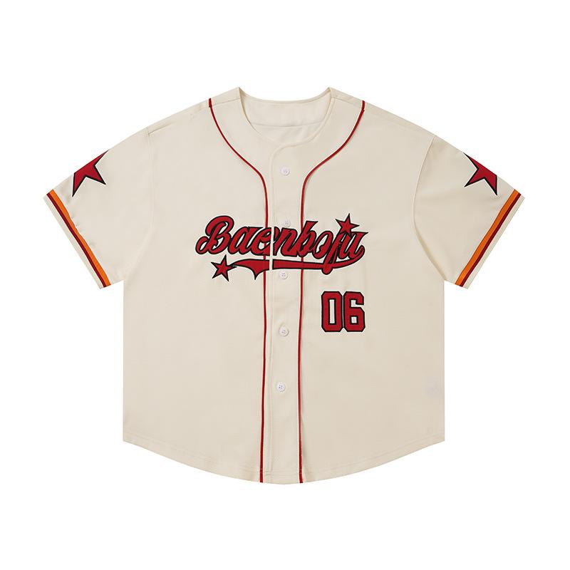 American retro sports trendy brand shirt short-sleeved summer campus baseball shirt ins trendy sticker embroidered shirt M