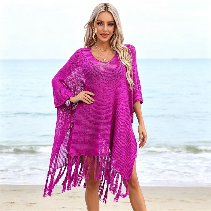 Womens Crochet Hollow Out V Neck Fringe Hem Beach Cover Up