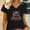 Black Christmas Angry Cat Design T Shirts Womens Short Sleeve Shirt Funny Cute Kitten V Neck Tshirt Women Fashion Animal Tshirt